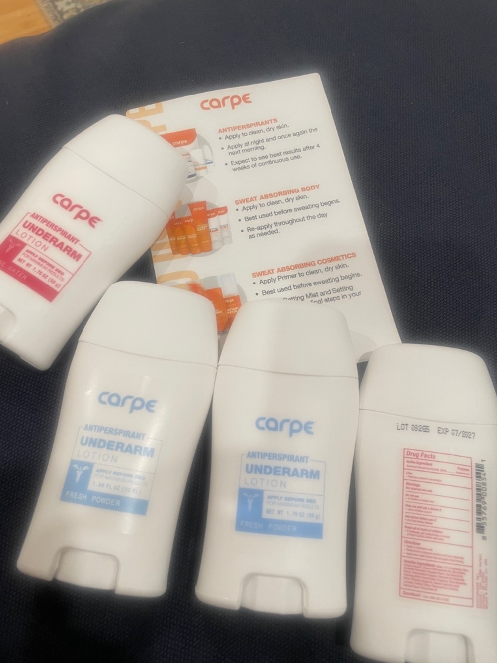 Carpe Antiperspirant Underarm Lotion Sticks - White with Blue & Pink Accents